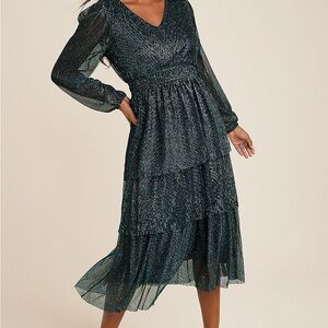 Maurices Shimmering Dark Green Long Sleeve Dress